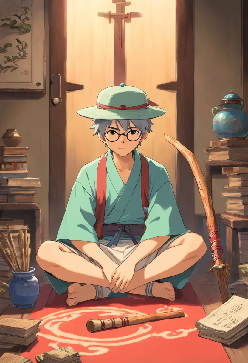 Male anime character with a stick and a hat sitting on a floor, sou um naranbaatar ganbold, sage ( valorant ), Akiyuki Shinbou, Otaku Gangasta, como um caractere dnd, 2 d estilo anime, Akira, Mitologia Chinesa, Ghibly Mononoke Style Studio, 2 d arte, Arte 2D