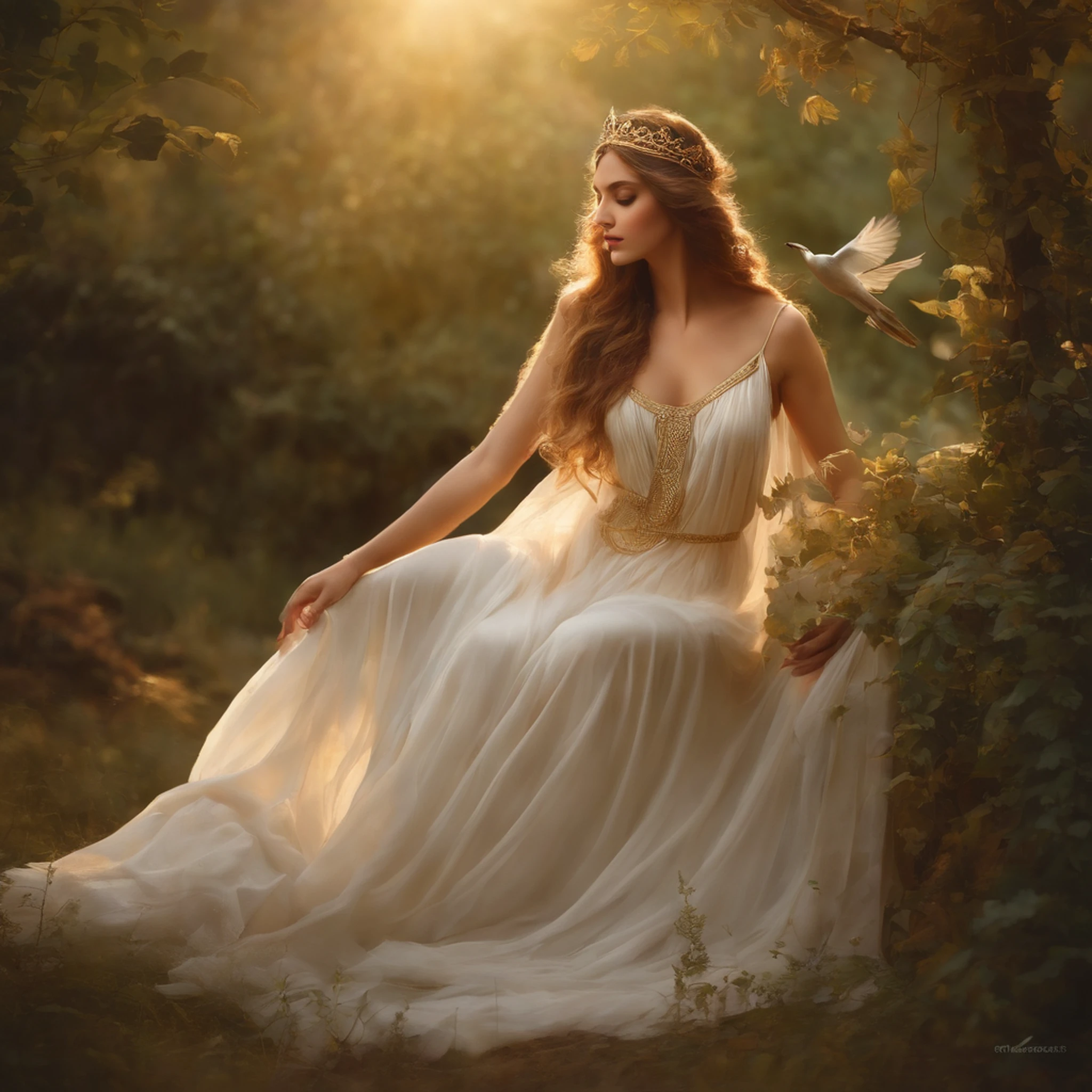 (best quality,highres),A Greek maenad,beautiful detailed eyes,beautiful detailed lips,flowing locks of hair,golden crown,wearing a flowing white dress,floating-like movements,dancing in a rural landscape surrounded by lush greenery,with sunlight filtering through the trees,misty atmosphere,soft pastel tones,hint of golden light,ethereal and dreamlike,painted with oil on canvas,impressionistic style,vibrant brushstrokes,classic Greek mythology,subtle details of flowers and vines intertwining,the sound of birds chirping and leaves rustling in the breeze.