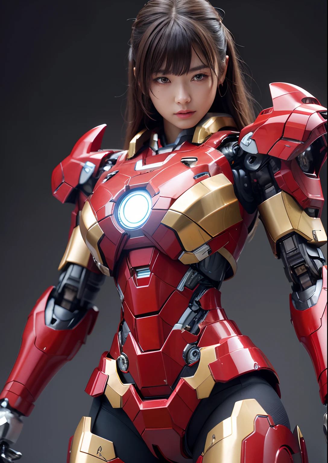 Textured skin, Super Detail, high details, High quality, Best Quality, hight resolution, 1080p, hard disk, Beautiful,(Iron Girl),beautiful cyborg woman,Mecha Cyborg Girl,Battle Mode,Girl with a Mecha Body,She wears an Iron Man mech,Fulll body Shot