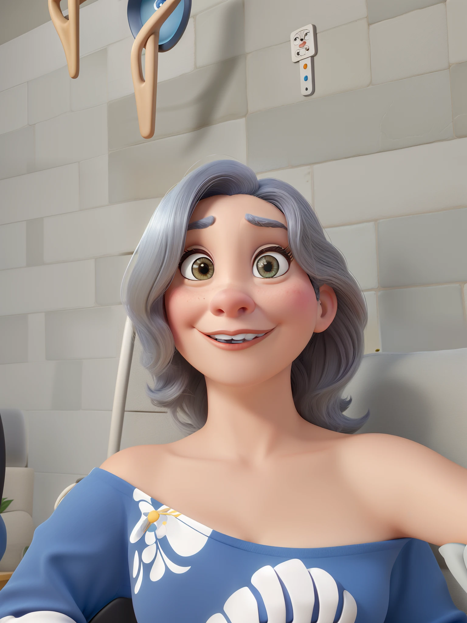Imagem da disney pixar de uma mulher 50 anos cabelos castanhos ondulados ate o ombro olhos claros sentada no computador com uma shitzu preta e branca