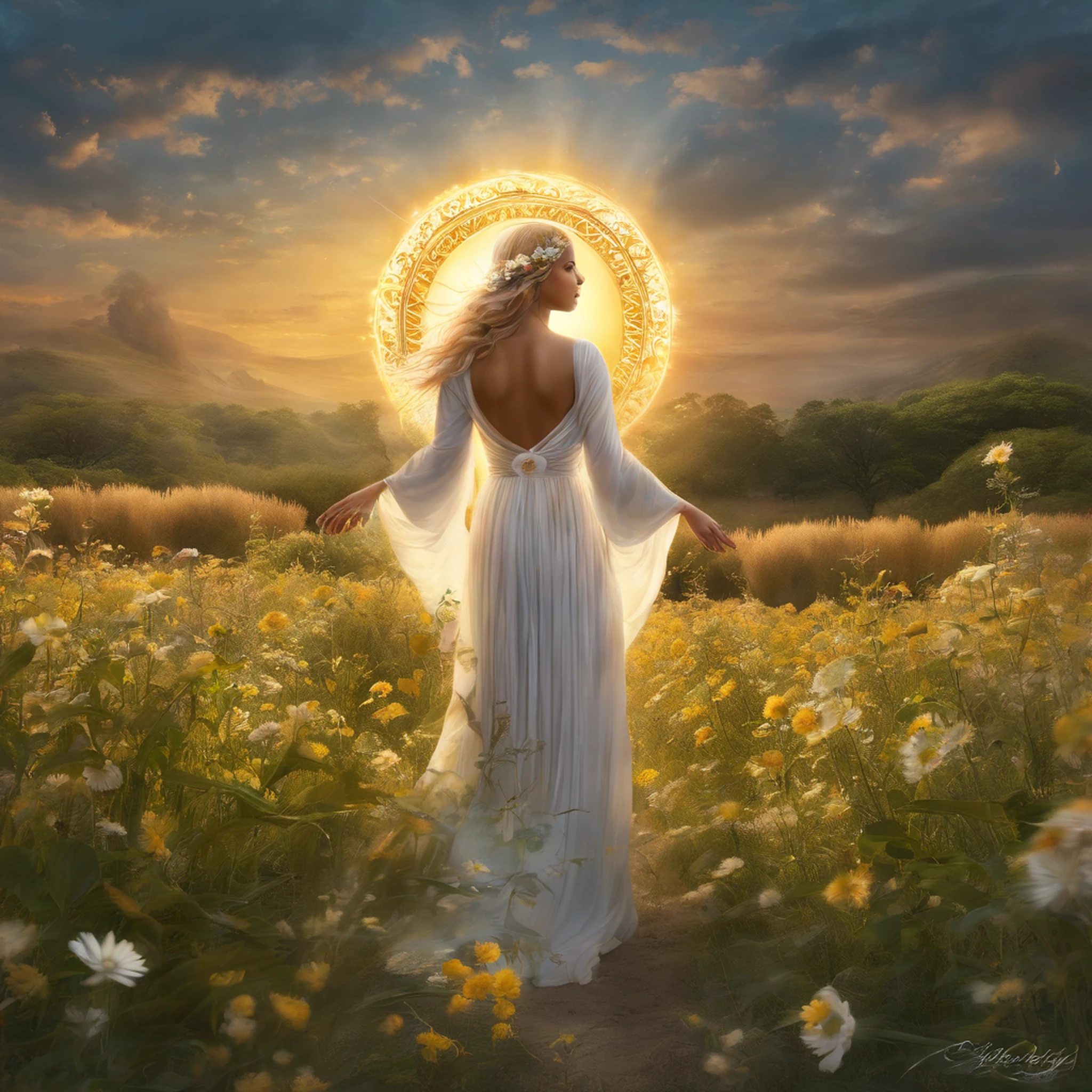 Demeter,goddess,body seen from behind with arms raised and surrounded by yellow glowing sun, flowing blonde hair, standing tall in the middle of a lush green field, dressed in a flowing white gown, delicate flowers scattered all around her feet. The sunlight bathes the entire scene, casting warm golden hues on the surroundings. The grass sways gently under a light breeze, creating a sense of tranquility and peace. Demeter's presence exudes power and grace, as if she holds the key to nature's abundance. The intricate details of her beautiful face and mesmerizing eyes capture the viewer's attention. The colors are vivid and vibrant, with a slight hint of warmth, enhancing the overall atmosphere. The lighting is soft and diffused, creating a gentle glow that emphasizes the goddess's divine aura. The painting is a masterpiece, created with the best quality standards, ensuring a high-resolution
