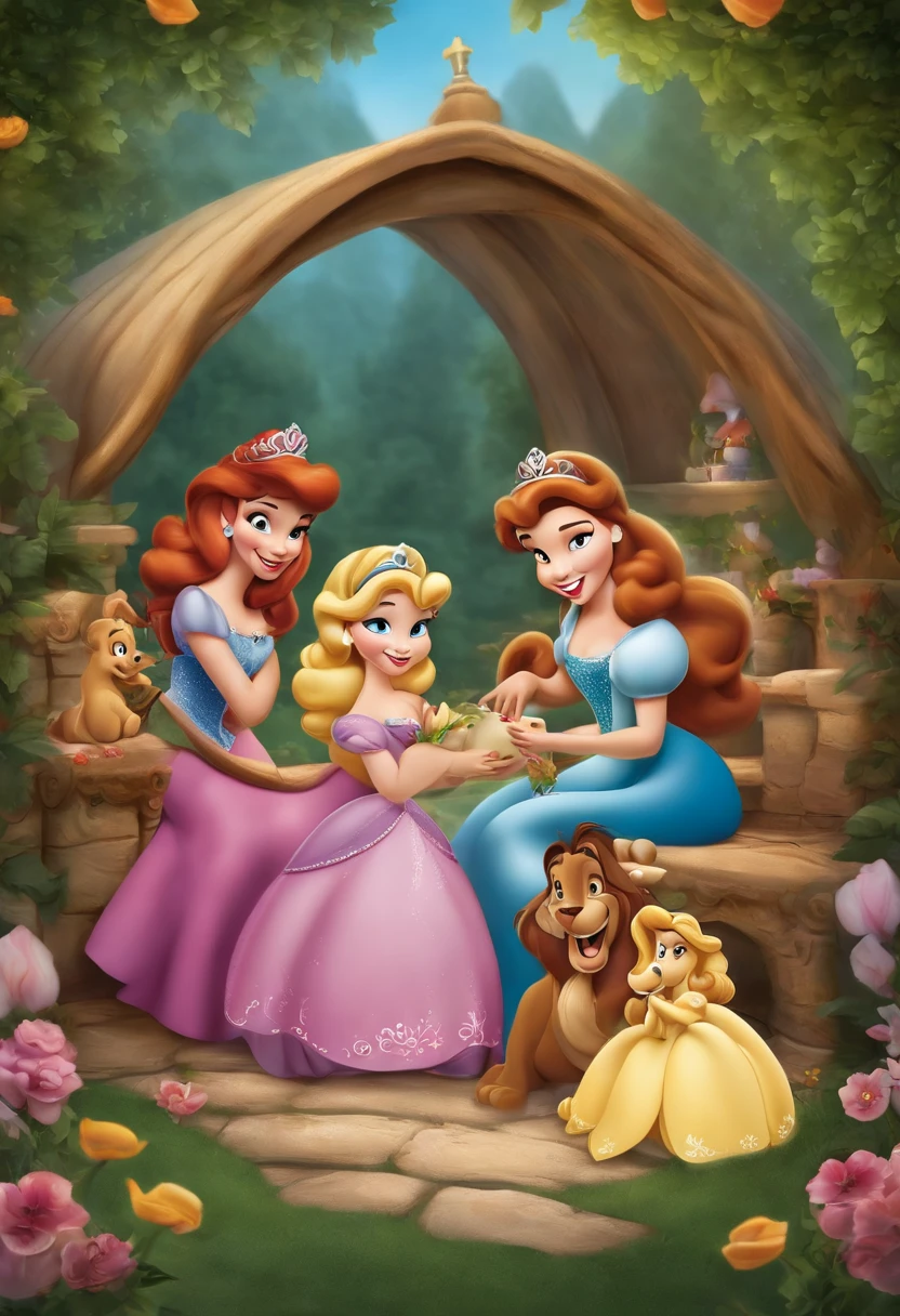 Poster Disney piace stile 3D, di due bimbe che si abbracciano , una di quattro anni con i capelli castani chiari lunghi e mossi, carnagione chiara , occhi verdi , l'altra di un'anno e mezzo con i capelli corti e scuri lisci, carnagione chiara, occhi scuri. In the background is a children's party room with Disney princesses smiling at them . Poi un testo : Siete invitati al compleanno della mia sorellina Domenica 12 Novembre ore 20:00, presso il Centro Ludico Hakuna Matata