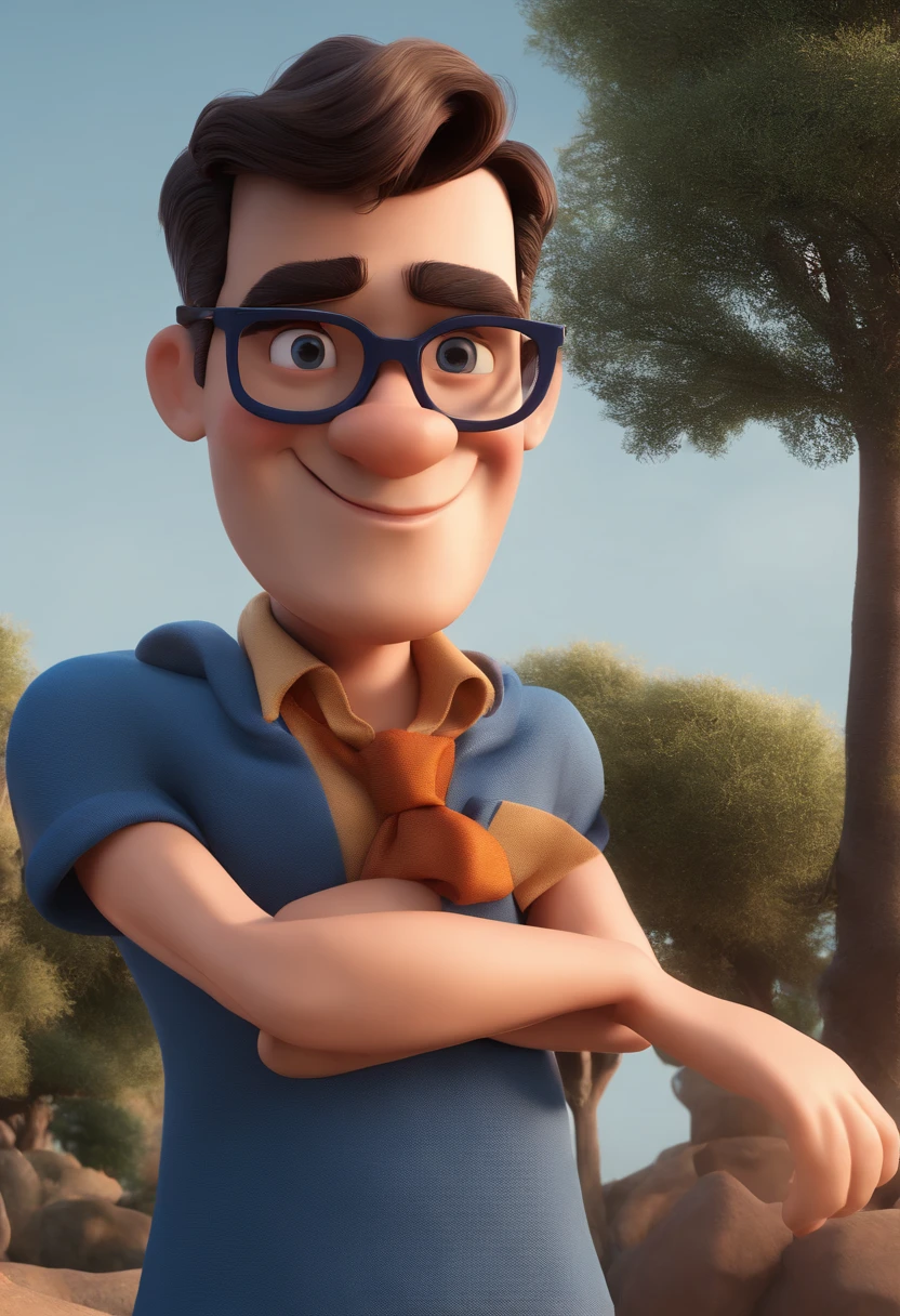 Cartoon character of a man with black glasses and a blue shirt, animation character, Caractere estilizado, animation style rendering, 3D estilizado, Arnold Maya render, 3 d render stylized, toon render keyshot, Personagem 3D, Personagem 3D, 3d rendering stylized, 3 d character render, personagem de desenho animado, Personagem de close up, Pose de personagem,  (Estilo Pixar) (master part:1.2) (Bokeh) (best quality) (pele detalhada) (textura detalhada) (8k) (argila) (Cinematic lighting) (foco nítido