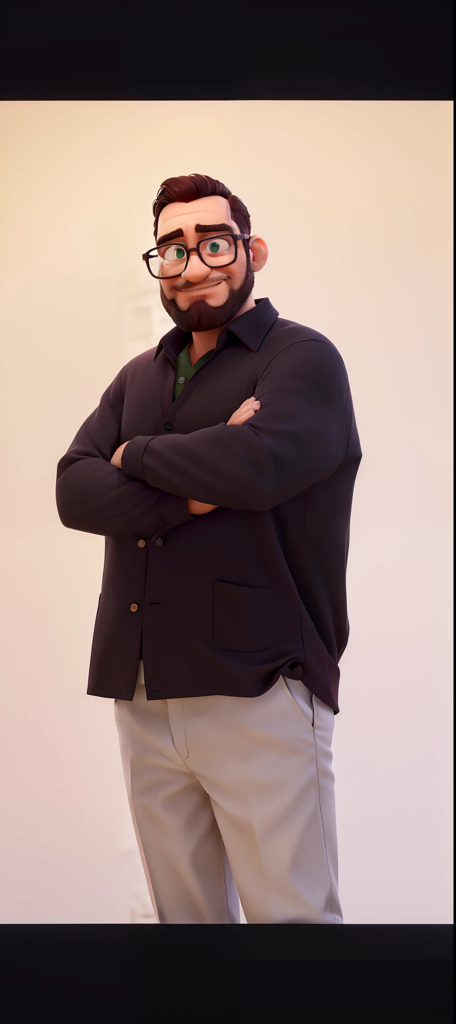 Homem de cabelo calvo nas laterais,Green Eyes Glasses Square Black,branco, barba mesclada branca e castanho claro, Burgundy dress blouse and cream dress pants