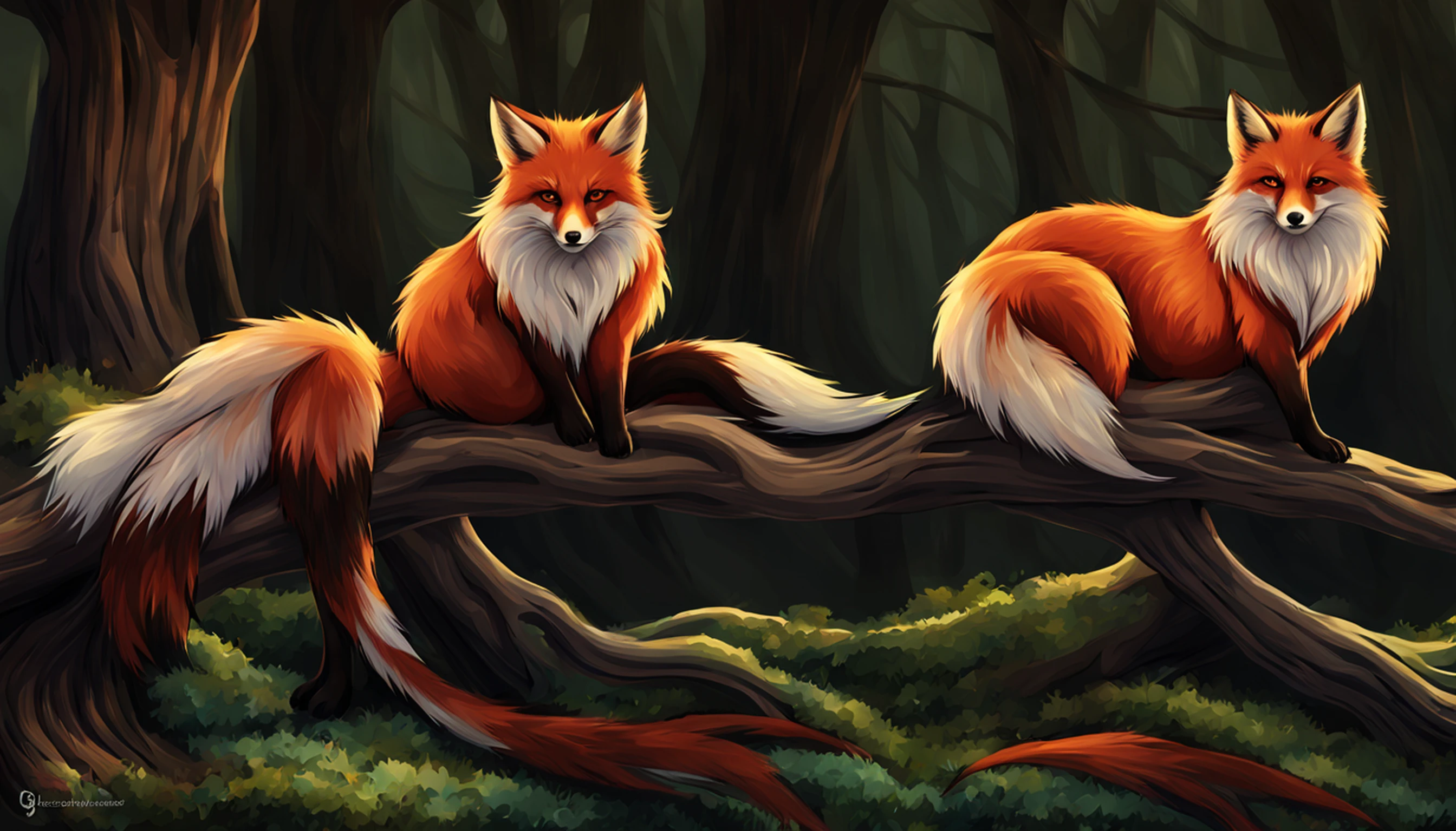 Painting of a fox with white hair sitting on a branch，ethereal fox，nine tail fox，Fox three-tailed fox，Onmyoji detailed art，Nine Tails，a beautiful artwork illustration，mythological creatures，red fox，Beautiful digital artwork，Exquisite digital illustration，mizutsune , Inspired by the mythical creature wildnet，Digital art on Pixiv，strong lights，hight contrast，Horror movie theme，Dark atmosphere，Complete body structure