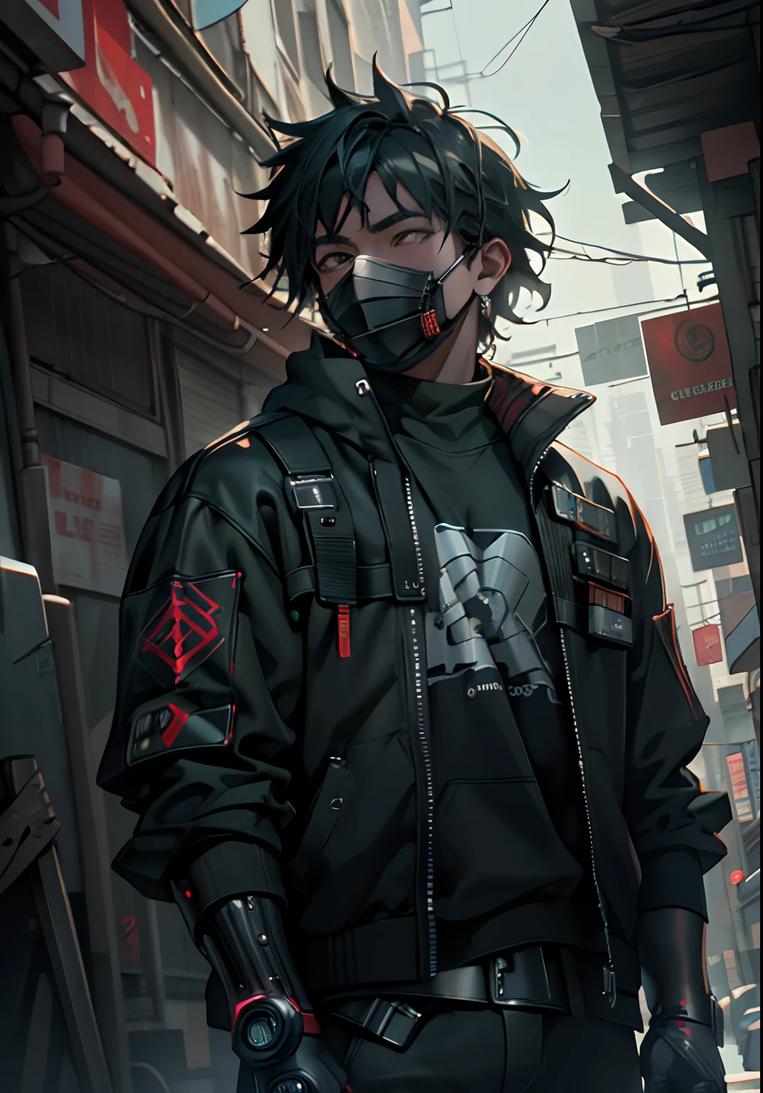 ultra detail, high resolution, ultra detailed, best quality, amazing, top quality, extremely detailed CG unity 8k wallpaper, cinematic lighting, cyberpunk, dark boy, trash gang facemask