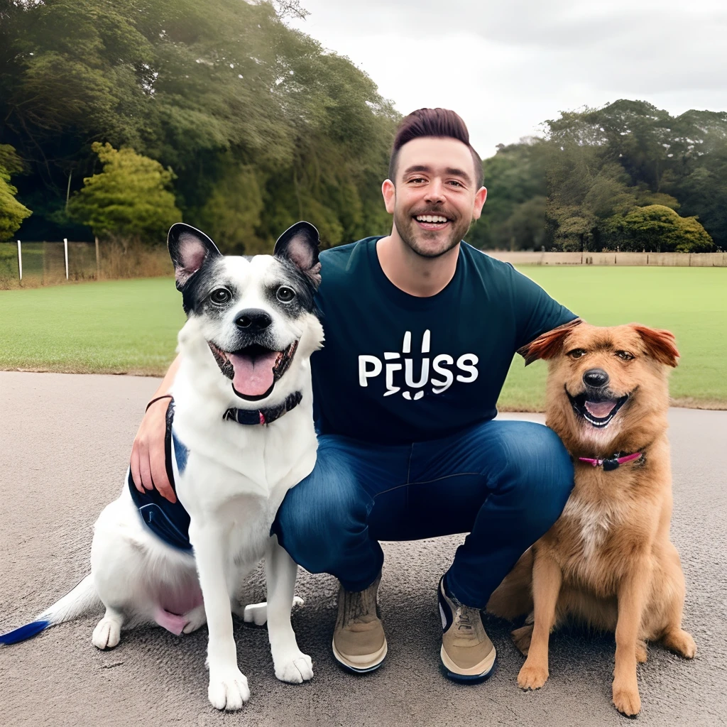 A photo of a man who loves his dogs looking at the camera, todos muito felizes