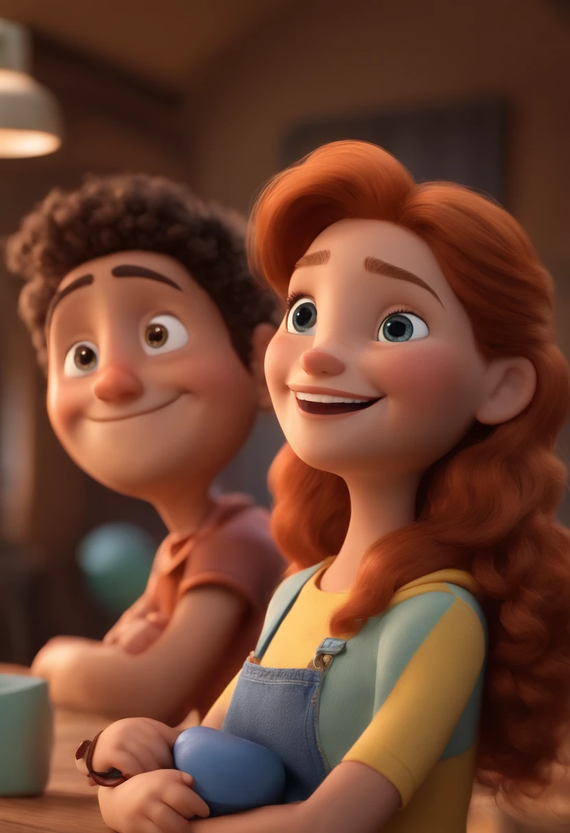 Cartoon character Characters pixar studios 3D a woman and a who are smiling at the camera, , Childwith dark blond hair and blue eyes, pele branca de aproximadamente 1 ano e meio, Mulher de 30 anos, cabelos e olhos castanhos, pele branca, muito bobo olhando, both smiling for the camera. , animation character, Caractere estilizado, animation style rendering, 3D estilizado, Arnold Maya render, 3 d render stylized, toon render keyshot, Personagem 3D, Personagem 3D, 3d rendering stylized, 3 d character render, personagem de desenho animado, Personagem de close up, Pose de personagem, (Estilo Pixar) (master part:1.2) (Bokeh) (best quality) (pele detalhada) (textura detalhada) (8k) (argila) (Cinematic lighting) (foco nítido