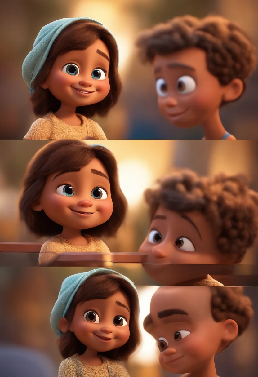 Cartoon character Characters pixar studios 3D a woman and a who are smiling at the camera, , Childwith dark blond hair and blue eyes, pele branca de aproximadamente 1 ano e meio, Mulher de 30 anos, cabelos e olhos castanhos, pele branca, muito bobo olhando, both smiling for the camera. , animation character, Caractere estilizado, animation style rendering, 3D estilizado, Arnold Maya render, 3 d render stylized, toon render keyshot, Personagem 3D, Personagem 3D, 3d rendering stylized, 3 d character render, personagem de desenho animado, Personagem de close up, Pose de personagem, (Estilo Pixar) (master part:1.2) (Bokeh) (best quality) (pele detalhada) (textura detalhada) (8k) (argila) (Cinematic lighting) (foco nítido