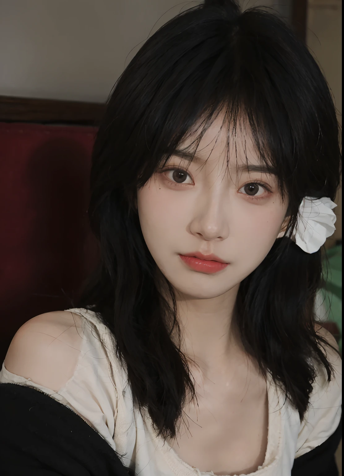 best qualtiy， 超高分辨率， （realisticlying：1.4）， A woman with long black hair and a gray sweater, 中景 the scene is, She has black hair，By bangs, young lovely Korean faces, wan adorable korean face, ulzzangs, Shin Jinying, beautiful aesthetic face, Korean face features, Played by Liu Lee Ji Eun ，Beautiful realistic face
