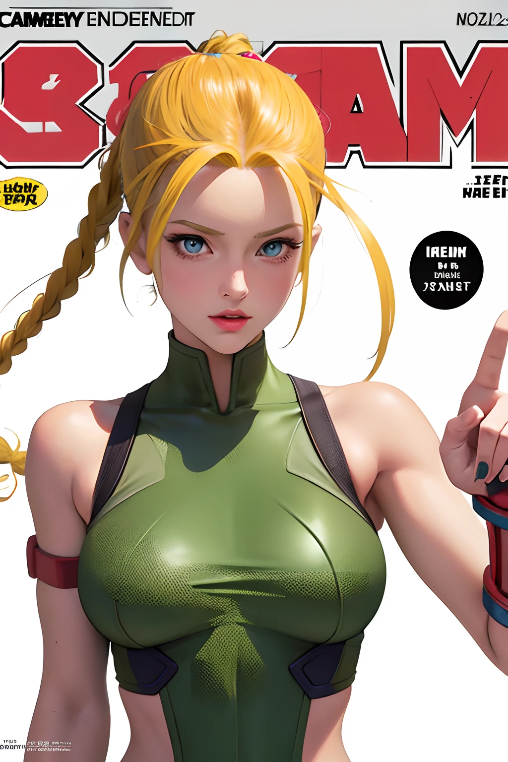 ((magazine cover)) masterpiece, best quality, spring outfit, colorful hair, outdoor, magazine cover ,upper body, ((Cammy)) Cammy of street fighter. good hands, big breast,