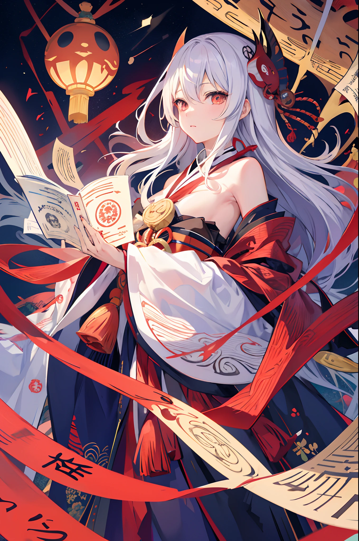 (masutepiece, of the highest quality, Best Quality, official arts, Beautiful and aesthetic:1.2), (1girl in:1.3), (s fractal art:1.3),Mask、Okame's Mask、Hannya's Mask、occult、Muska、bill、Sealed banknotes、Pentagram、grievances、metaplasia、Monsters of the Japan、bill、Hakama、youkai、Daoism、Yingyangdao、astrology、curse、