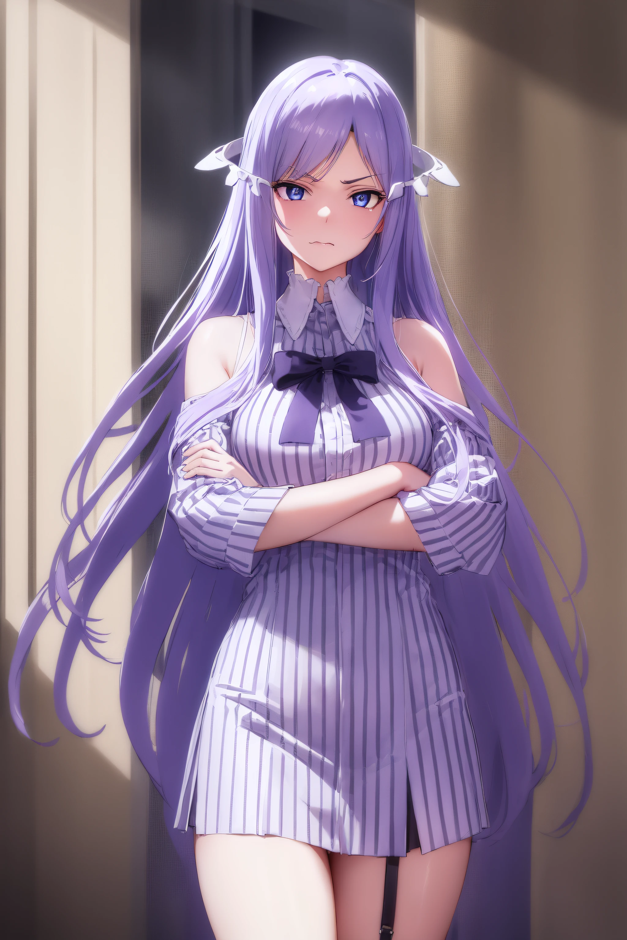 quinella, quinella, absurdly long hair, (purple eyes:1.1), long hair, parted bangs, purple hair, very long hair, hair ornament,medium breast,
BREAK black bowtie, white shirt, sleeveless, off shoulder, grey cardigan, open clothes, sleeves past wrists, black skirt, suspender skirt, thigh strap,
BREAK indoors, bed,
BREAK looking at viewer, (cowboy shot:1.5),crossed arms, (angry), pov, 
BREAK (masterpiece:1.2), best quality, high resolution,NSW ,unity 8k wallpaper, (illustration:0.8), (beautiful detailed eyes:1.6), extremely detailed face, perfect lighting, extremely detailed CG, (perfect hands, perfect anatomy),