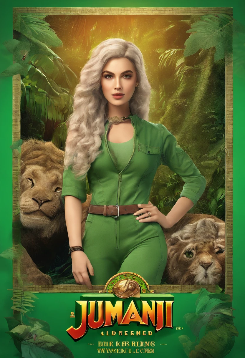 Advertisement for Jumanji board game,2 dice,green background, "Unleash the adventure, conquer the jungle" sentence,anime girl with green hair,red eyes,(best quality,4k,8k,highres,masterpiece:1.2),ultra-detailed,(realistic,photorealistic,photo-realistic:1.37),vivid colors,studio lighting,physically-based rendering,long eyelashes,gorgeous and detailed eyes,beautiful detailed lips,confident expression,green outfit,captivating gaze,energetic pose,jungle-themed background