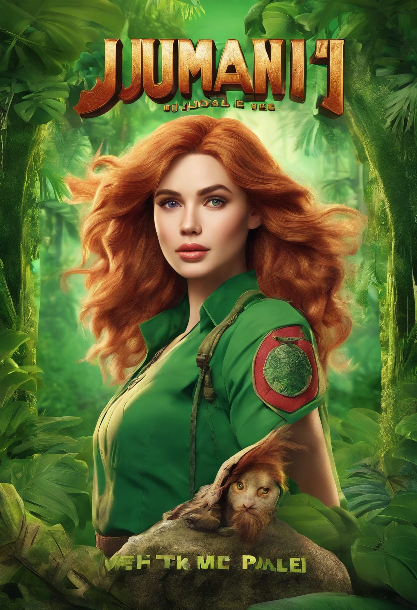 Advertisement for Jumanji board game,2 dice,green background, "Unleash the adventure, conquer the jungle" sentence,anime girl with green hair,red eyes,(best quality,4k,8k,highres,masterpiece:1.2),ultra-detailed,(realistic,photorealistic,photo-realistic:1.37),vivid colors,studio lighting,physically-based rendering,long eyelashes,gorgeous and detailed eyes,beautiful detailed lips,confident expression,green outfit,captivating gaze,energetic pose,jungle-themed background