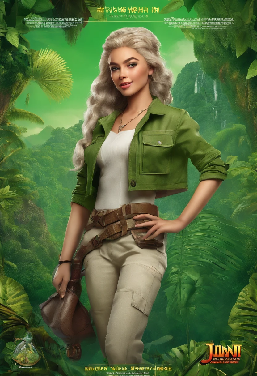 Advertisement for Jumanji board game,2 dice,green background, "Unleash the adventure, conquer the jungle" sentence,anime girl with green hair,red eyes,(best quality,4k,8k,highres,masterpiece:1.2),ultra-detailed,(realistic,photorealistic,photo-realistic:1.37),vivid colors,studio lighting,physically-based rendering,long eyelashes,gorgeous and detailed eyes,beautiful detailed lips,confident expression,green outfit,captivating gaze,energetic pose,jungle-themed background