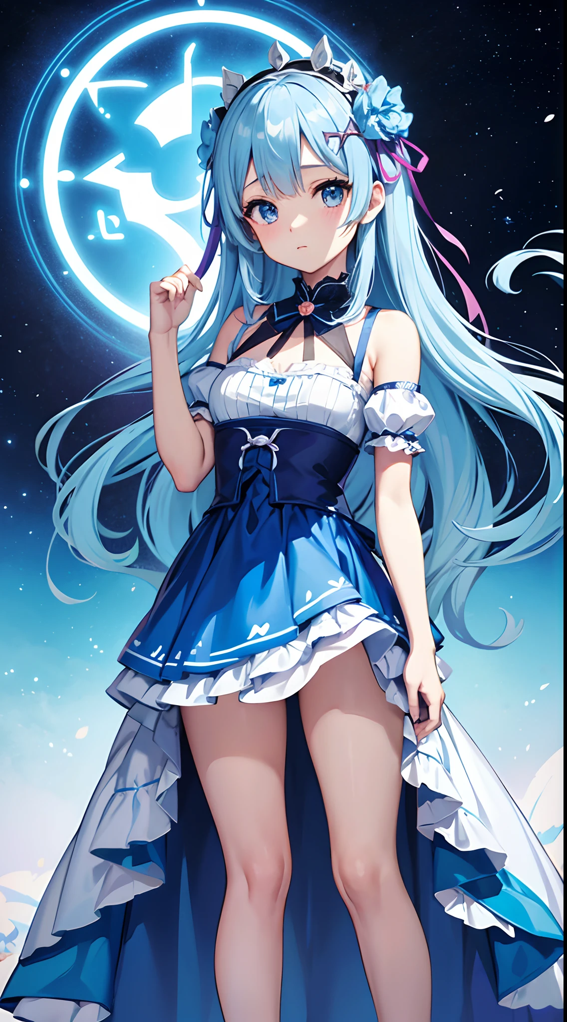 Anime girl in a blue dress with flowers, Light blue long hair、Twin-tailed、Cute anime waifu in a nice dress, in dress, rem rezero, offcial art, Anime princess, Lori, beatrice blue, zerochan art, royal elegant pose, official artwork, splash art anime lolisif, Kushatt Krenz Key Art Women, detailed fan art, Beautiful teenage