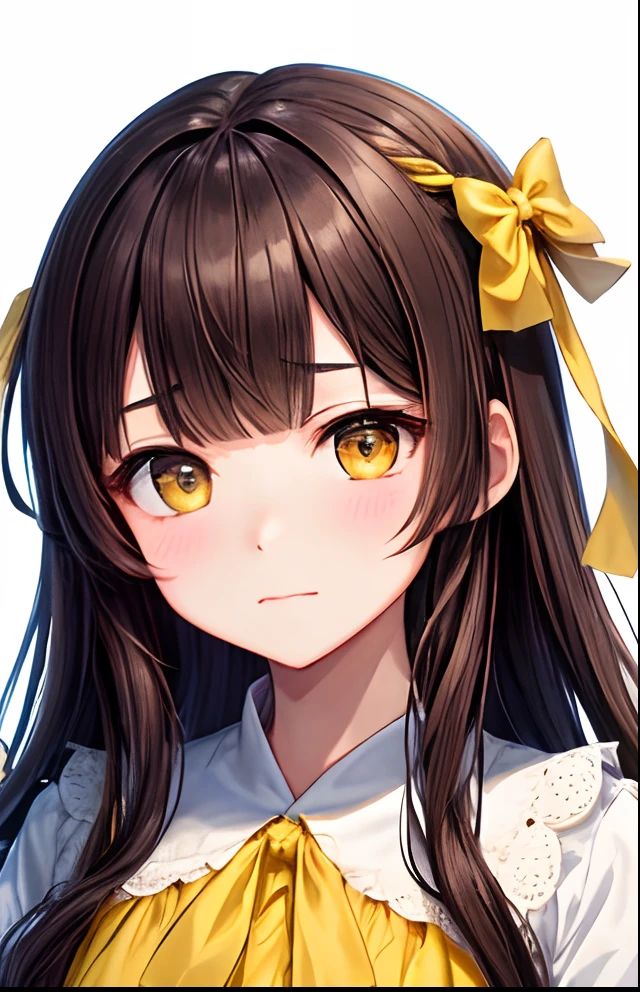 girl with、No background、without background、Background through、brown haired、Brown hair、The long-haired、long、Subject bangs、Pattsun bangs、Aligned bangs、Sareme、drooping eyebrows、Takuambi、Marovi、Round eyebrows、Yellow eyes、Yellow eyes、、embarrassed、Shy face、bow ribbon、Yellow dress、Princess、long-sleeve、frilld、kawaii、No background