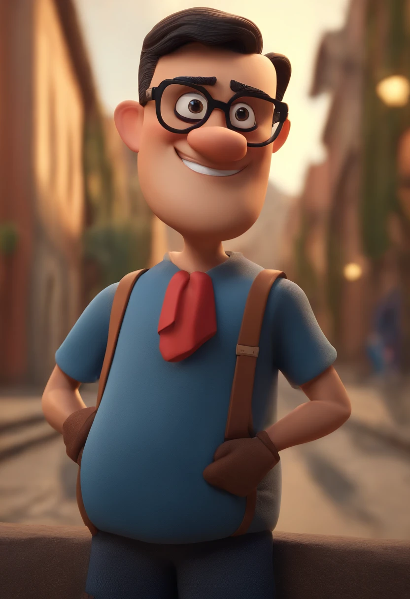 Cartoon character of a man wearing black glasses and a blue shirt, um personagem animado, Caractere estilizado, animation style rendering, 3D estilizado, Arnold Maya render, 3 d render stylized, toon render keyshot, Personagem 3D, Personagem 3D, 3d rendering stylized, 3 d character render, personagem de desenho animado, Personagem de close up, Pose de personagem, (Estilo Pixar) (master part:1.2) (Bokeh) (best quality) (pele detalhada) (textura detalhada) (8k) (argila) (Cinematic lighting) (foco nítido，Senta e vaza a parte superior do corpo