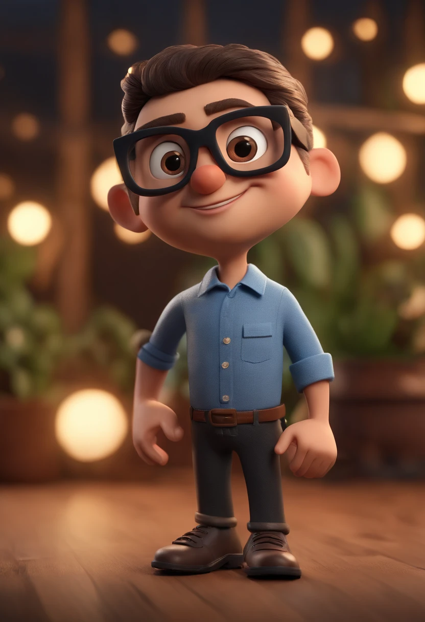 Cartoon character of a man wearing black glasses and a blue shirt, um personagem animado, Caractere estilizado, animation style rendering, 3D estilizado, Arnold Maya render, 3 d render stylized, toon render keyshot, Personagem 3D, Personagem 3D, 3d rendering stylized, 3 d character render, personagem de desenho animado, Personagem de close up, Pose de personagem, (Estilo Pixar) (master part:1.2) (Bokeh) (best quality) (pele detalhada) (textura detalhada) (8k) (argila) (Cinematic lighting) (foco nítido，Senta e vaza a parte superior do corpo