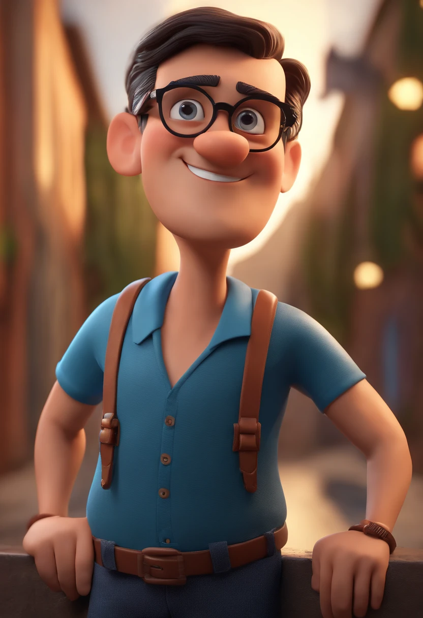 Cartoon character of a man with black glasses and a blue shirt, animation character, Caractere estilizado, animation style rendering, 3D estilizado, Arnold Maya render, 3 d render stylized, toon render keyshot, Personagem 3D, Personagem 3D, 3d rendering stylized, 3 d character render, personagem de desenho animado, Personagem de close up, Pose de personagem,  (Estilo Pixar) (master part:1.2) (Bokeh) (best quality) (pele detalhada) (textura detalhada) (8k) (argila) (Cinematic lighting) (foco nítido