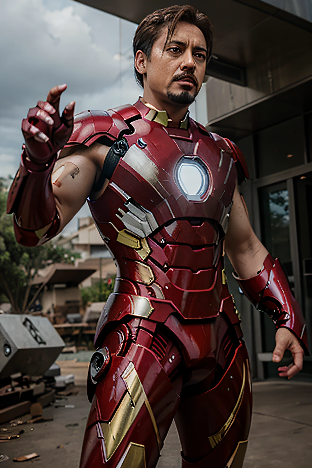 Tony fights as Iron Man,battle armor,Metallic wind