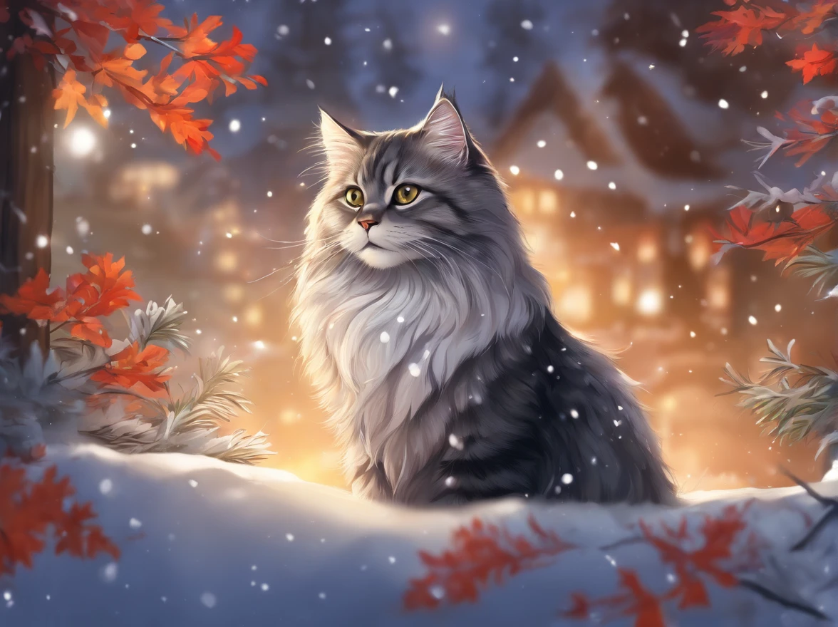 (best quality, highres),silver and black Siberian cat,fluffy,large,beautiful detailed eyes and face (realistic:1.37),
snowy landscape with pine trees,focus on cat sitting on a tree branch,
shining sunlight filtering through the leaves,dynamic shadows,
vivid colors,soft and vibrant snow,
(long tail,majestic pose),peaceful and serene atmosphere,
(black and white contrast),mysterious and captivating aura,
(subtle bokeh effect),sparkling snowflakes in the air.