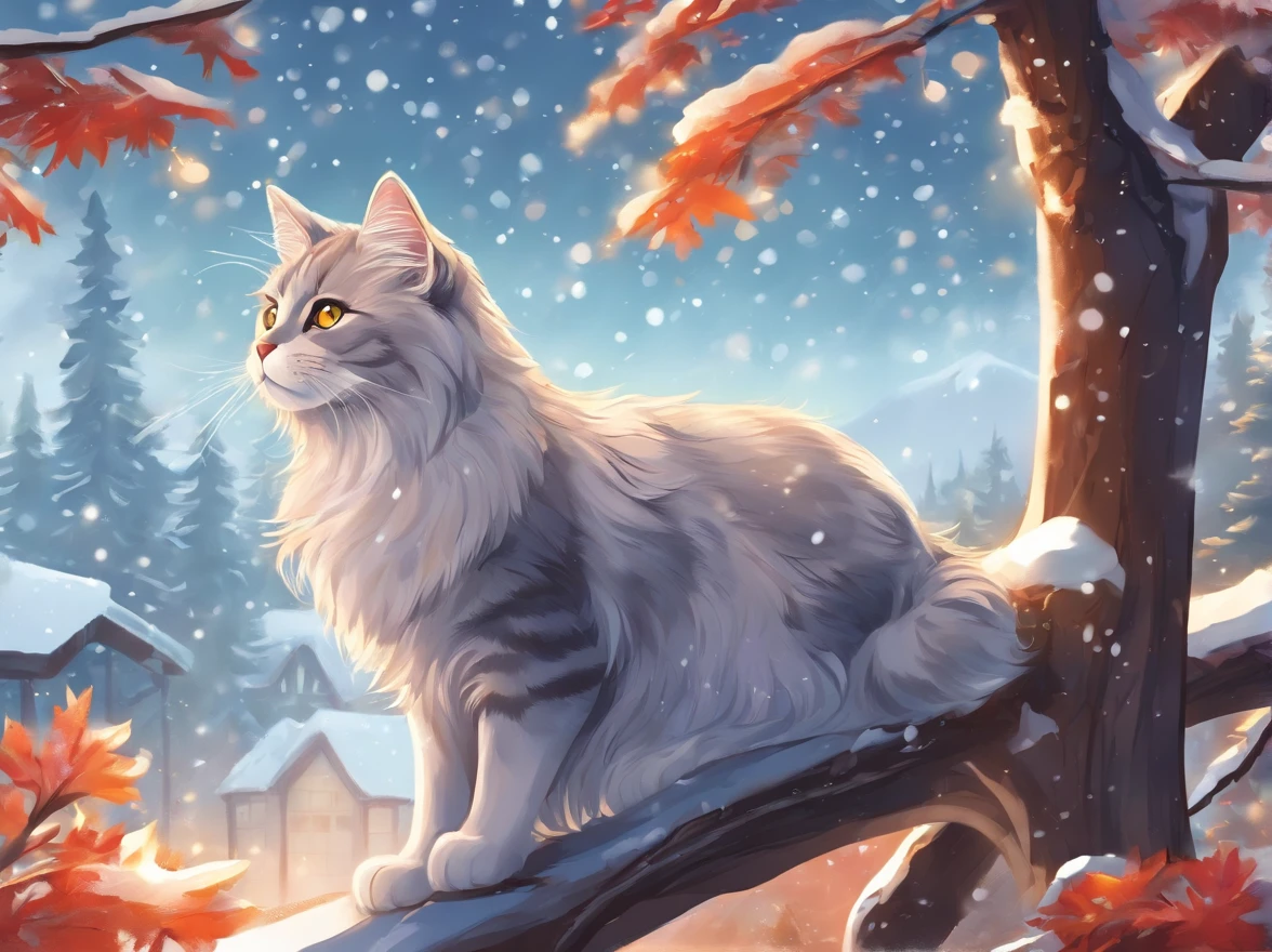(best quality, highres),silver and black Siberian cat,fluffy,large,beautiful detailed eyes and face (realistic:1.37),
snowy landscape with pine trees,focus on cat sitting on a tree branch,
shining sunlight filtering through the leaves,dynamic shadows,
vivid colors,soft and vibrant snow,
(long tail,majestic pose),peaceful and serene atmosphere,
(black and white contrast),mysterious and captivating aura,
(subtle bokeh effect),sparkling snowflakes in the air.