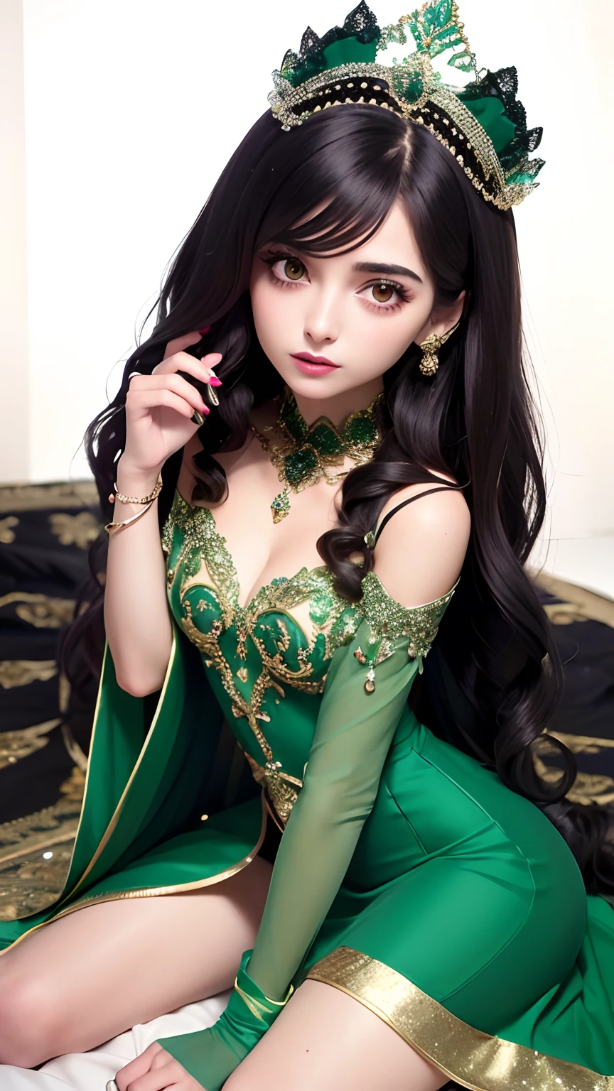 Mulher arafed e uma garotinha vestida com fantasias, vestindo um manto de veludo, com um manto verde, em um vestido extravagante, com capa, usando uma coroa e capa verde, Estefania Villegas Burgos, vestindo capa verde, usando um vestido extravagante, vestido medieval. bruxa, vestido como uma rainha, Maya Ali como um Mago
