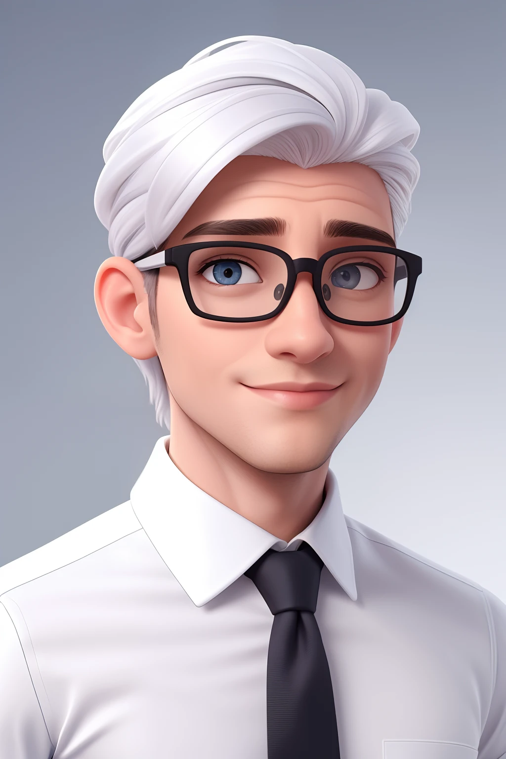 Um homem de 30 anos, com cabelos castanhos curtos,face de diamante, olhar rigoroso, e olhos castanhos, Wearing white white shirt with tie and glasses.