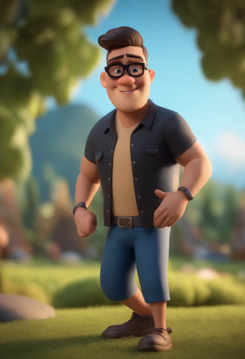 Cartoon character of a man wearing black glasses and a blue shirt, um personagem animado, Caractere estilizado, animation style rendering, 3D estilizado, Arnold Maya render, 3 d render stylized, toon render keyshot, Personagem 3D, Personagem 3D, 3d rendering stylized, 3 d character render, personagem de desenho animado, Personagem de close up, Pose de personagem, (Estilo Pixar) (master part:1.2) (Bokeh) (best quality) (pele detalhada) (textura detalhada) (8k) (argila) (Cinematic lighting) (foco nítido,Senta e vaza a parte superior do corpo