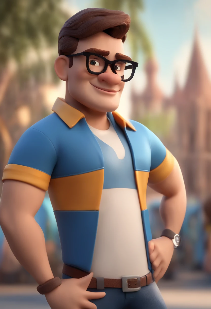 Cartoon character of a man wearing black glasses and a blue shirt, um personagem animado, Caractere estilizado, animation style rendering, 3D estilizado, Arnold Maya render, 3 d render stylized, toon render keyshot, Personagem 3D, Personagem 3D, 3d rendering stylized, 3 d character render, personagem de desenho animado, Personagem de close up, Pose de personagem, (Estilo Pixar) (master part:1.2) (Bokeh) (best quality) (pele detalhada) (textura detalhada) (8k) (argila) (Cinematic lighting) (foco nítido，Senta e vaza a parte superior do corpo