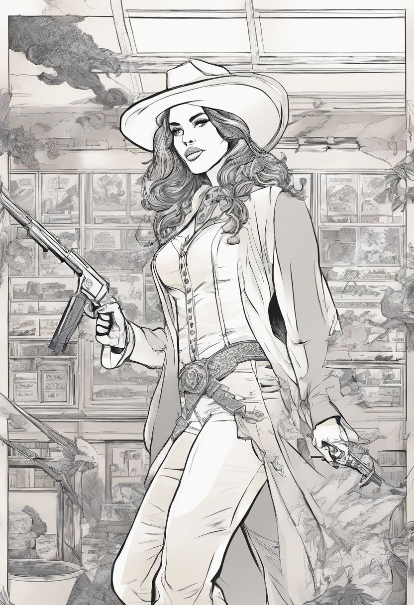 Action scene in a Western movie, Alissa White-Gluz com cabelo azul, vestido com um casaco branco de trincheira, blouse and cowboy hat enters a hall with drawing pistols ((apontou para o espectador)). corpo inteiro