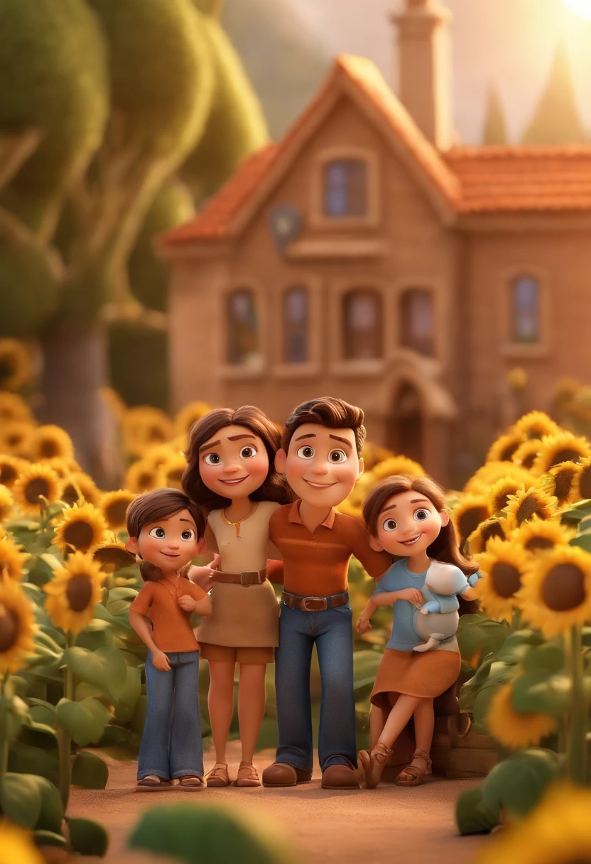 Create a Disney PIXAR-style 3D poster. ((centro da imagem, Triplets)), ((3 )) ((1 menino no meio e 2 meninas ao lado, They're hugging each other, O menino tem pele castanha e cabelos castanhos escuros e olhos castanhos escuros, 1 menina tem pele clara, olhos e cabelos escuros e cacheados, e a outra menina tem pele morena, olhos escuros e cabelos escuros e lisos)) ((tudo isso no estilo Disney PIXAR 3D, In the background, A house of sunflowers, Gloria Studio, The garden is full of nature 3D render RTX clay material, estilo de design cartunesco, POP Mart, soft lighting, linhas suaves, Spring tilt, Detailed illustrations of PIXAR 3D, Detalhes hiper-realistas, cor quente no estilo Disney PIXAR 3D))