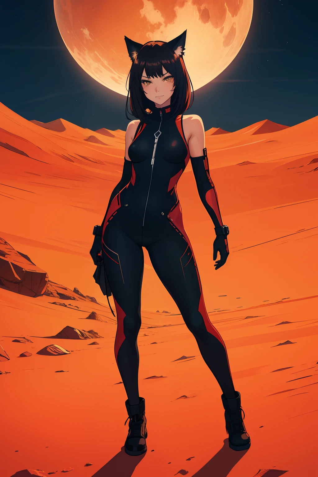 portrait, nsfw, (slim body, 1 girl), (best quality, 4k, 8k, high-res, ultra-detailed, anime style, warm), catgirl, brunette, black hair, yellow glowing eyes, looking at viewer, seductive eyes, smug, slightly smiling, hentai retro, hentai, surface of mars, mars landscape, red planet, red desert, red dunes, full body black jumpsuit, dusk, twilight