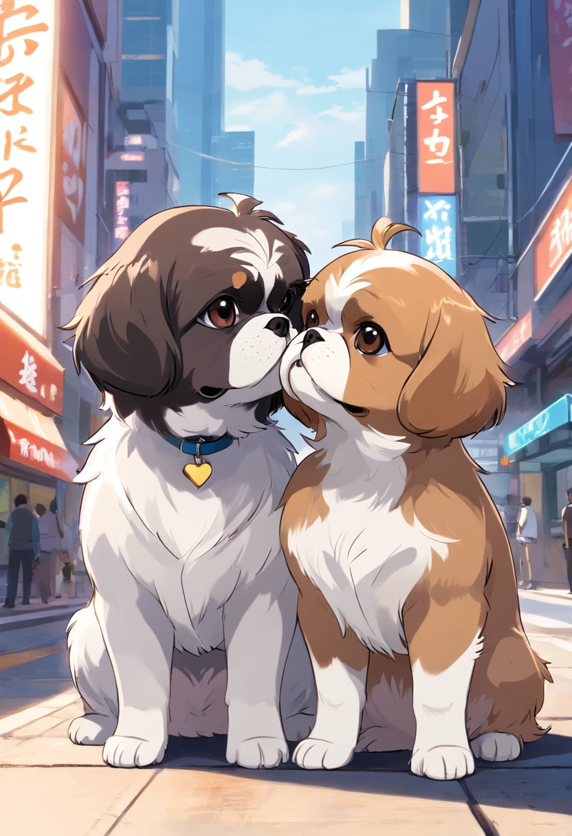 um adesivo, 2 cachorros Shih Tzu, one is black and white larger and the other is brown and white smaller, Descreve, vetorial, contorno branco