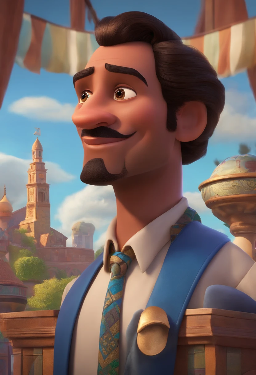 A city councilman looking at a dream project inspired by Pixar animation, de perto. The character takes center stage with captivating facial expressions, oferecendo um toque de irrealidade
