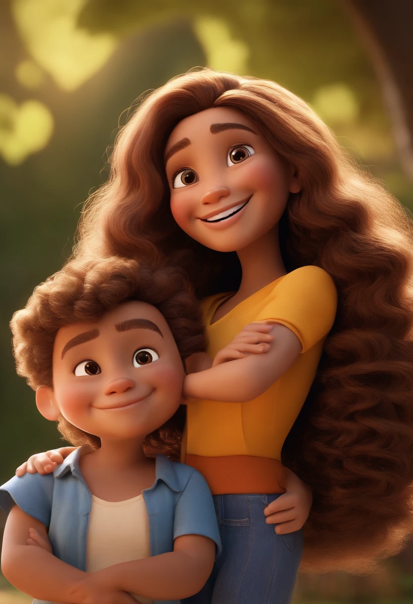 Cartoon character Characters pixar studios 3D a woman and a child who are smiling at the camera, , Child boy with dark blond hair and blue eyes, pele branca de aproximadamente 1 ano, Mulher de 30 anos, cabelos e olhos castanhos, pele branca, muito bobo olhando, both smiling for the camera. , animation character, Caractere estilizado, animation style rendering, 3D estilizado, Arnold Maya render, 3 d render stylized, toon render keyshot, Personagem 3D, Personagem 3D, 3d rendering stylized, 3 d character render, personagem de desenho animado, Personagem de close up, Pose de personagem,  (Estilo Pixar) (master part:1.2) (Bokeh) (best quality) (pele detalhada) (textura detalhada) (8k) (argila) (Cinematic lighting) (foco nítido