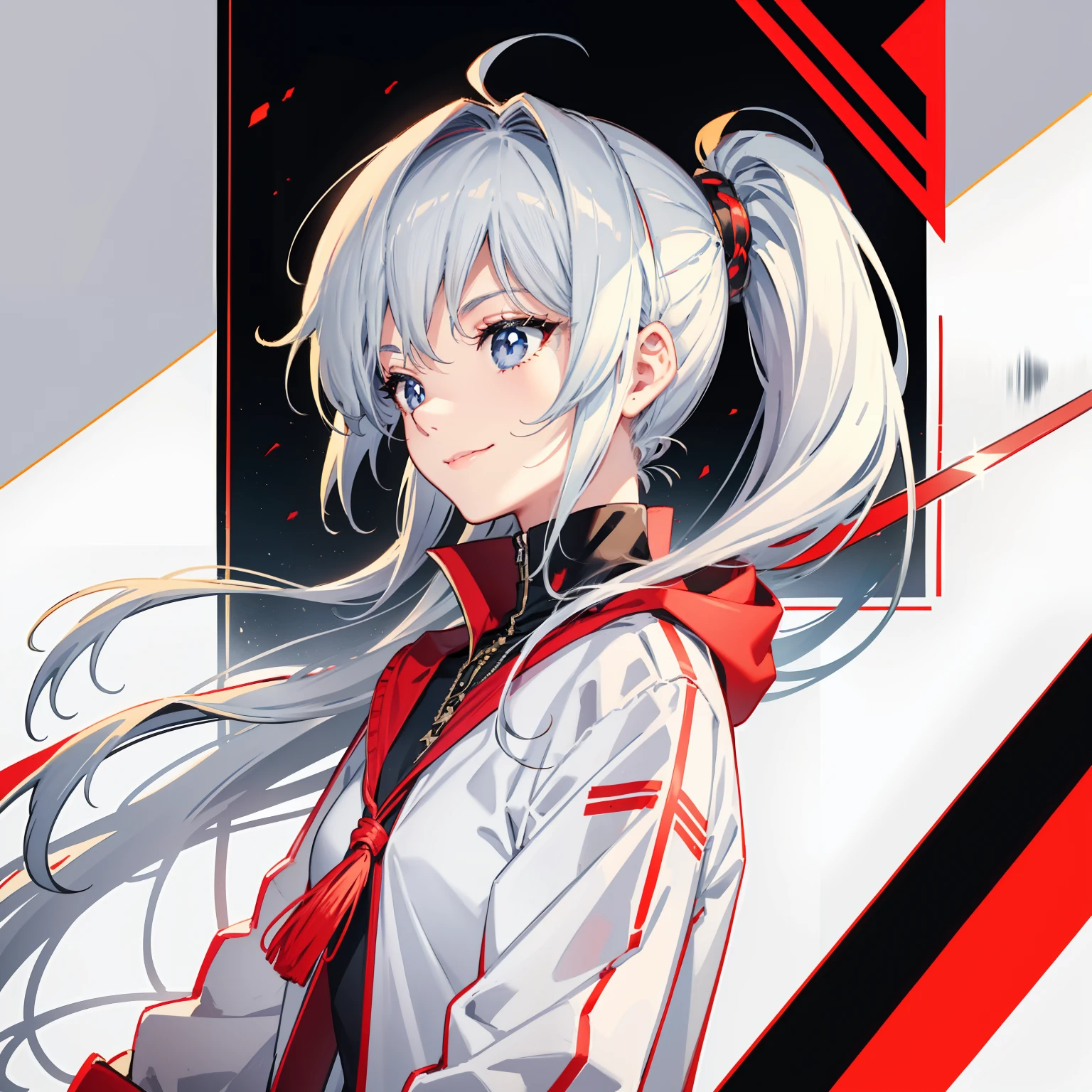 black colored hair,Blue Pupils,single ponytail,Behind him was a long sword,facing the front there,With a smile on her face,Cheerful and lively,Hair fluttering in the wind,Dye your hair blue,A smile,Background Simple,Background Simple,battleing,a cool