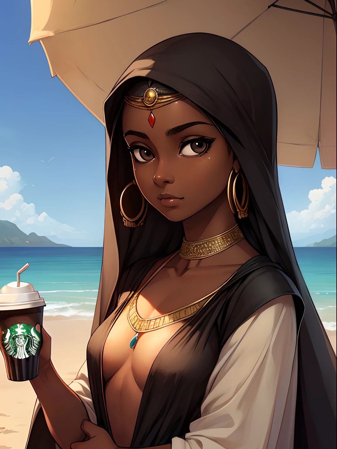 1girl, (flat chest), brown skin, (very small straight nose:1.1), big eyes, black eyes, clothes, Arabian, (realistic, highly detailed, masterpiece, best quality, photography:1.3), Beach background, portrait, drinking Starbucks posing for a photo