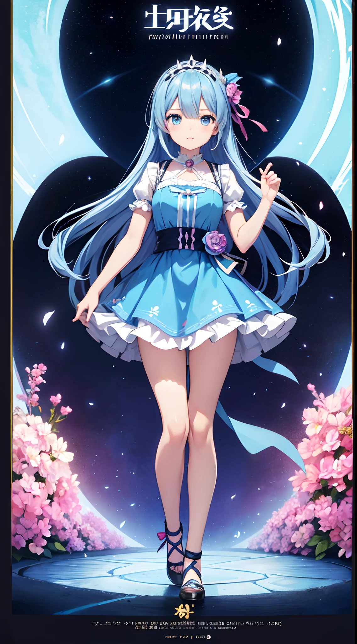 Anime girl in a blue dress with flowers, Light blue long hair、Twin-tailed、Cute anime waifu in a nice dress, in dress, rem rezero, offcial art, Anime princess, Lori, beatrice blue, zerochan art, royal elegant pose, official artwork, splash art anime lolisif, Kushatt Krenz Key Art Women, detailed fan art, Beautiful teenage