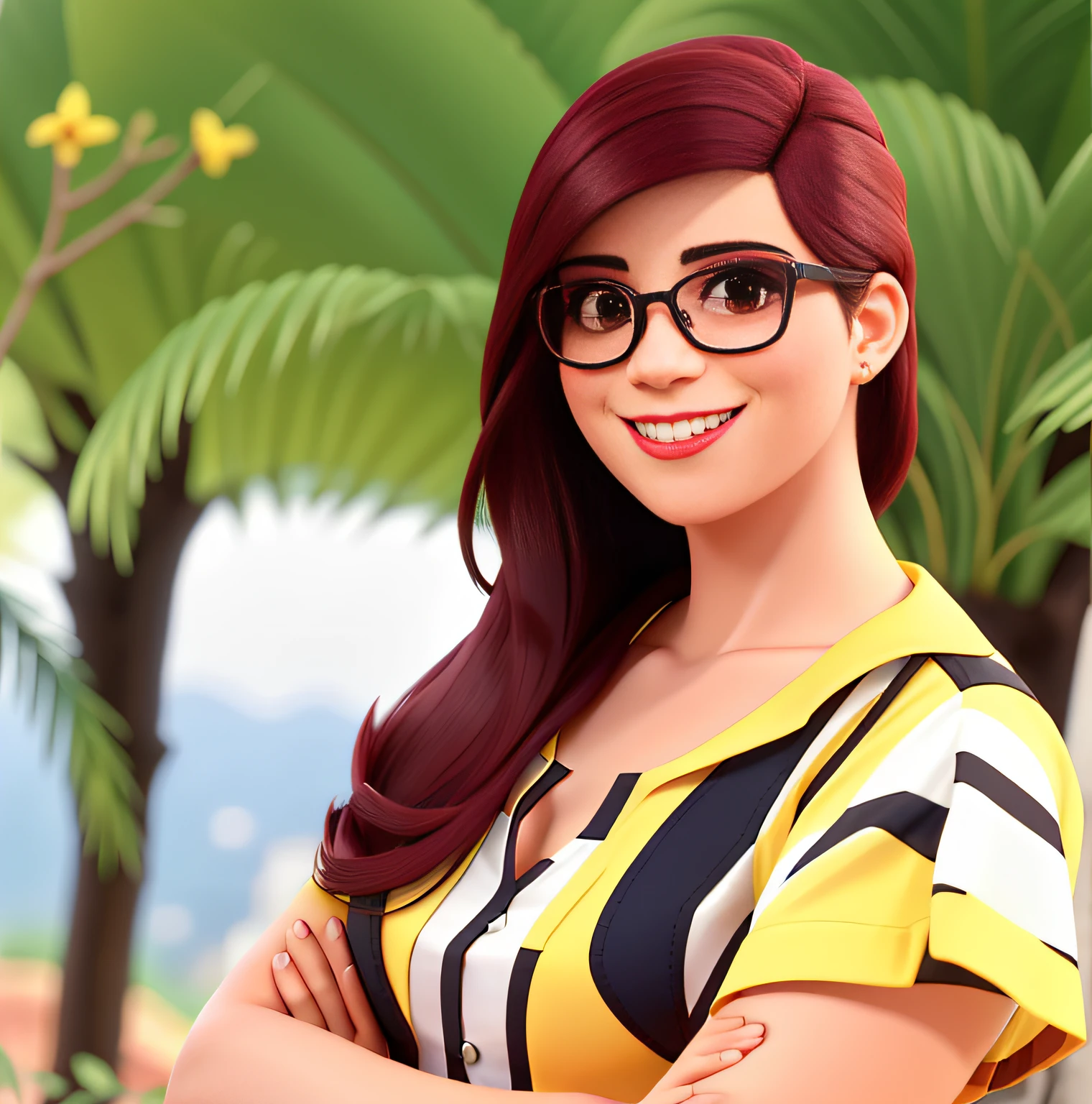 a woman with glasses, com cabelos vermelhos, sorriso bonito e roupa elegante de cor amarela, preta e branca