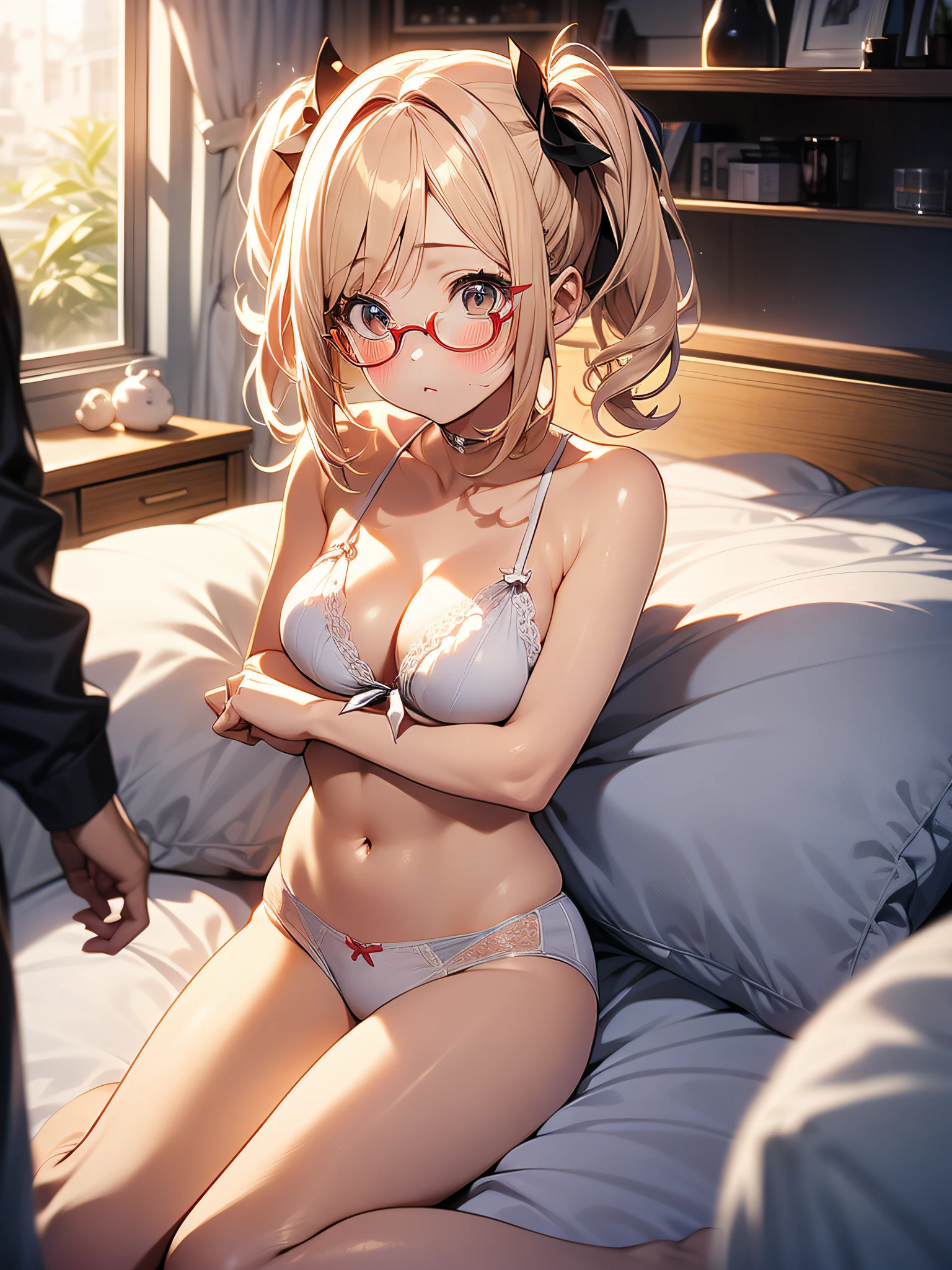 in 8K、top-quality、​masterpiece、ultra-detailliert、Ultra-high resolution、((1 persons))、 s、(a blond)、Twin-tailed、Round big lens glasses、Medium chest、bet、laying on back、((natta))、(darkened room)、Red face、White underwear、cleavage of the breast、embarrassed from