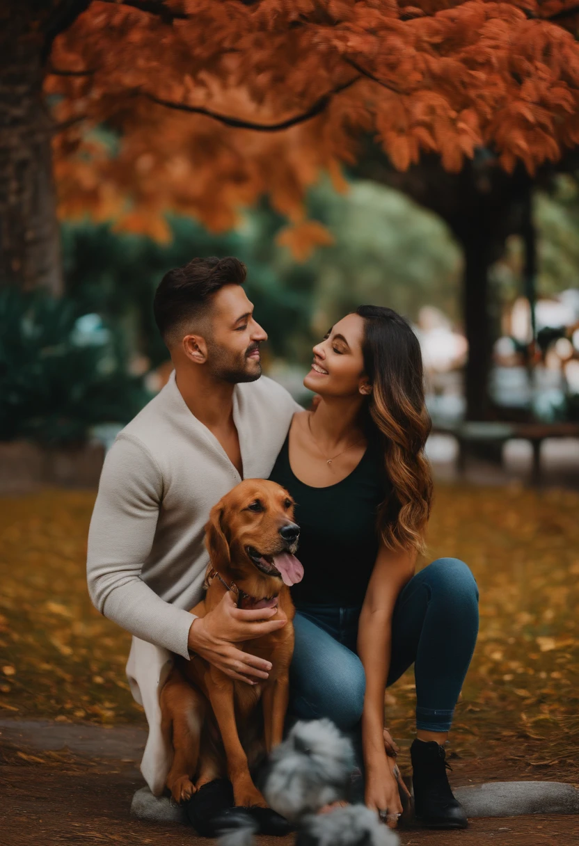 Foto de uma casal com cachorro no colo, Behind a park