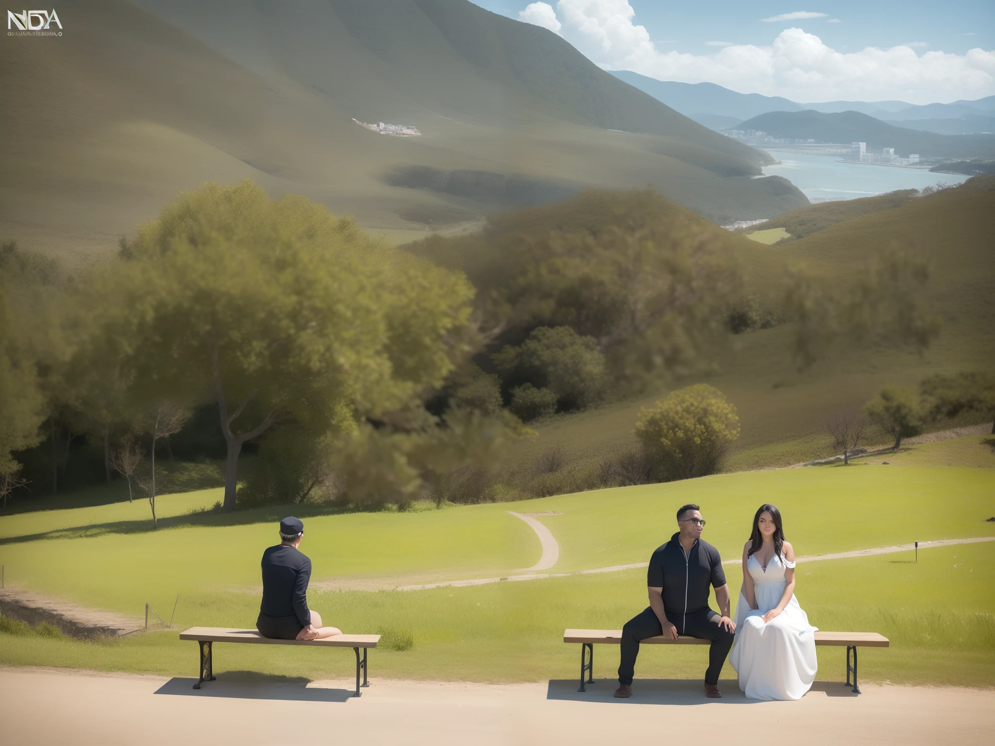 There is a man and a woman posing for a photo on a bench, Colinas ao fundo, com montanhas ao fundo, com montanhas como pano de fundo, Fotografia selfie 8k, com montanhas no fundo, Malika Favre, Directed by: Nandor Soldier, david rios ferreira, Montanhas ao fundo, 4 k post, Postagem 4k