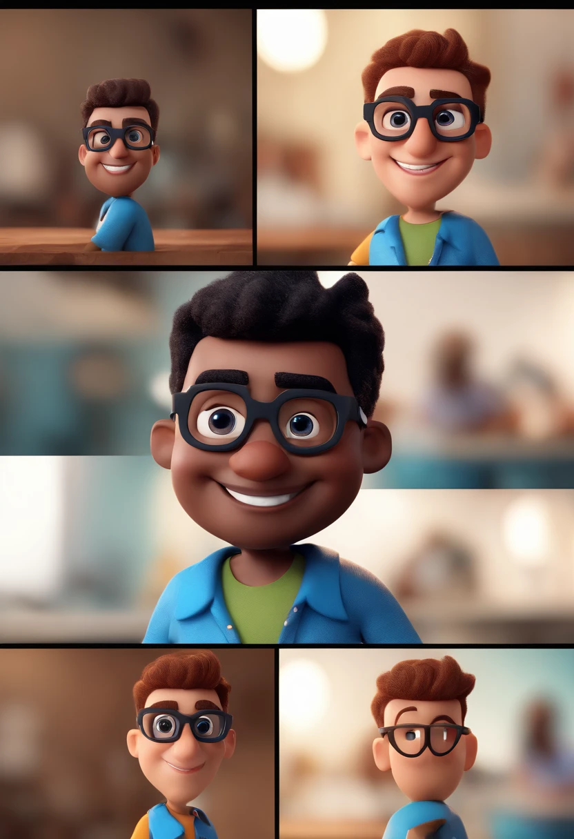 Cartoon character of a man with black glasses and a blue shirt, animation character, Caractere estilizado, animation style rendering, 3D estilizado, Arnold Maya render, 3 d render stylized, toon render keyshot, Personagem 3D, Personagem 3D, 3d rendering stylized, 3 d character render, personagem de desenho animado, Personagem de close up, Pose de personagem, (Estilo Pixar) (master part:1.2) (Bokeh) (best quality) (pele detalhada) (textura detalhada) (8k) (argila) (Cinematic lighting) (foco nítido