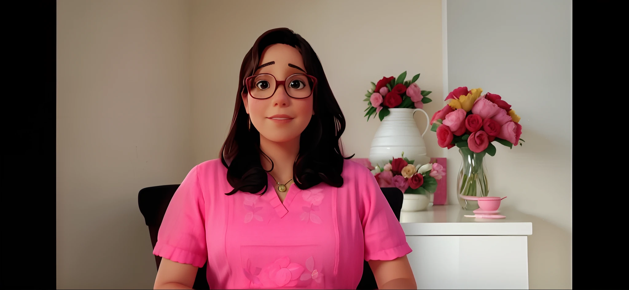 There's a woman sitting on a chair in a pink shirt, Alanis Guillen, youtube video screenshot, coluna, Lorena Avarez, low quality video, imagem de perfil, Karla Ortiz, inspired by Gina Pellón, vestindo chiton floral rosa, Mulher de 30 anos de Cuba, vestindo vestido floral rosa.