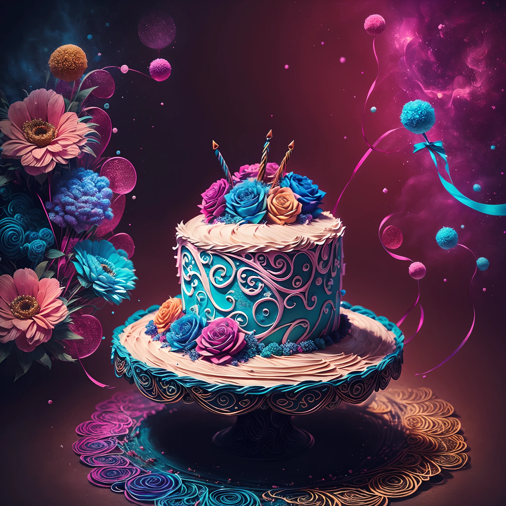 (The birthday cake),Riff style， (masutepiece, top-quality, Best quality, offcial art, Beautiful and aesthetic:1.2), (rosette:1.3), Extremely detailed,(Fractal art:1.1),(Colorful:1.1)(Flowers:1.3),highest details,(zentangle:1.2), (abstract backgrounds:1.3), (many color:1.4), ,(feater:1.5)