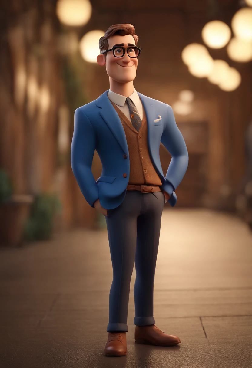 Cartoon character of a man wearing black glasses and a blue shirt, um personagem animado, Caractere estilizado, animation style rendering, 3D estilizado, Arnold Maya render, 3 d render stylized, toon render keyshot, Personagem 3D, Personagem 3D, 3d rendering stylized, 3 d character render, personagem de desenho animado, Personagem de close up, Pose de personagem, (Estilo Pixar) (master part:1.2) (Bokeh) (best quality) (pele detalhada) (textura detalhada) (8k) (argila) (Cinematic lighting) (foco nítido,Senta e vaza a parte superior do corpo