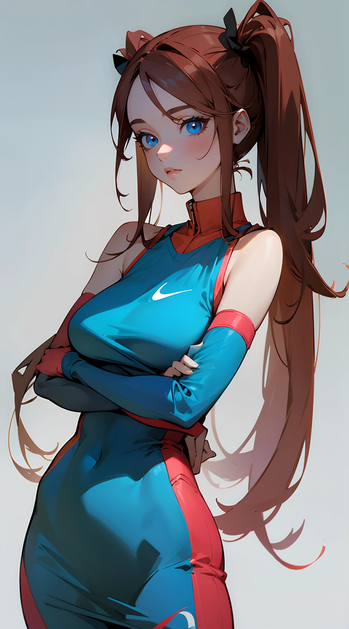 A stunning woman , extremely long hair , reddish brown hair , hair in pig tails , straight hair , blue eyes , large chest , ((wearing a tight dress)), age 34 ,
Wearing a Nike tracksuit, bright colors , model , fashion ad , plain background, mid shot , sleeveless ,
(masterpiece, best quality )detailed, 1Character , pastel washed out colors , cell shade , soft, muted shades ,gentle colors ,